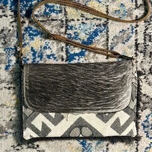 Myra Bag Rustic Aztec Gray Canvas Cowhide Crossbody Purse